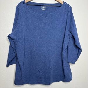 LL Bean Women Plus Size Top 2X Blue 3/4 Sleeve Boatneck Button Casual Split Neck